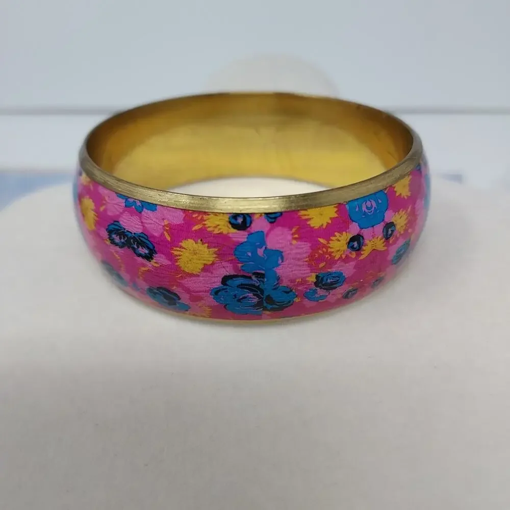 Hot Pink Enamel Bangle Bracelets Set of 2 Stripe and Floral 8
